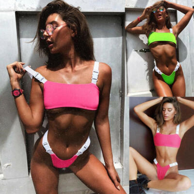 

UK Women 2 Pcs Set Solid Buckle Bikini Padded Bra Swimsuits High Waist Swimwear