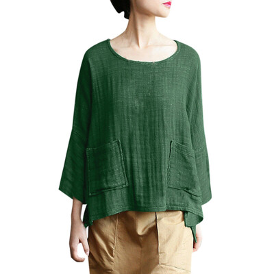 

Fashion Womens Casual Tops Pullover Round Neck Pocket Long Sleeve Blouse Shirt