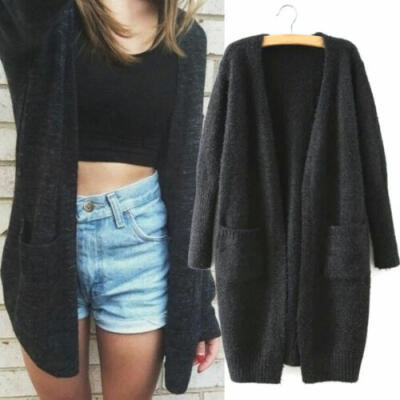 

Women Long Sleeve Knitted Fluffy Cardigan Sweater Pocket Outwear Coat Jacket US