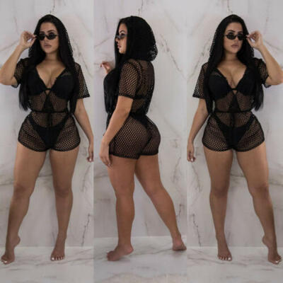 

Women Sexy Black Mesh Fishnet Hooded Bodysuit Romper Top Blouse Ladies Swimwear