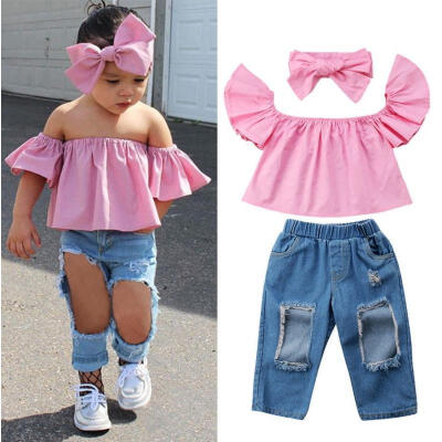 

Fashion Toddler Kids Girls Off Shoulder Tops Denim Pants Jeans 2Pcs Summer Outfits Set 1-6Y