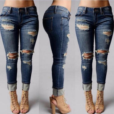

Women Trousers Destroyed Ripped Distressed Slim Casual Pants Boyfriend Jeans