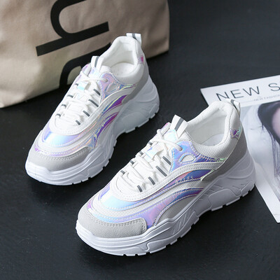 

Women Chunky Sneakers Fashion Patchwork Silver Bling Thick Sole Heel Ladies casual Shoes Breathable Platform Casual Women Shoes