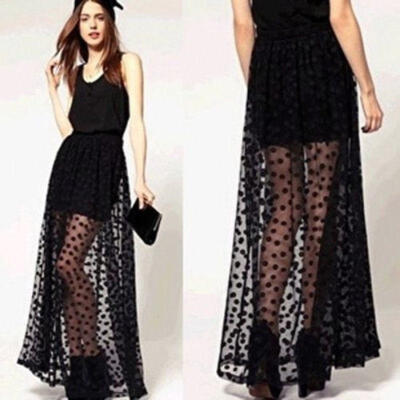 

Women Sexy Black Mesh Double Layer Polka Dot Sheer Pleated High Waist Maxi Skirt