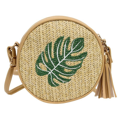 

Women Round Straw Shoulder Bag Crossbody Bag Leaf Pineapple Embroidered Vintage Holiday Summer Beach Casual Small Bag