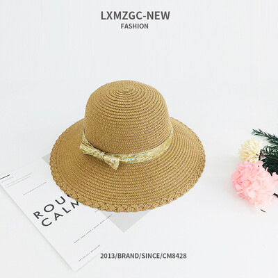 

Ladies outdoor sun visor Sun Hat summer new gold sequined bow lace straw hat Beach Hat