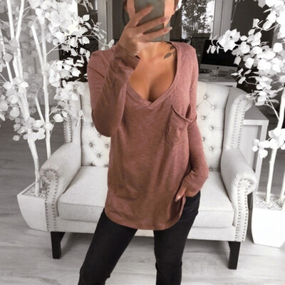 

Womens Casual Solid V Neck Blouse Long Sleeve Pocket Plus Size Loose Tops Shirt