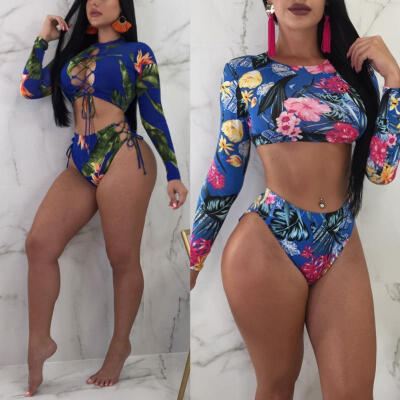 

Women Floral Long Sleeve Swimwear Push-up Bikini Set Swimsuit Bathing Suit Beachwear Plus Size