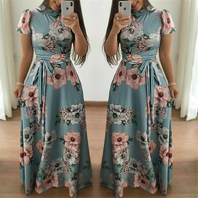 

Womens Summer Boho Floral Short Sleeve Long Maxi Dress Party Beach Sundress