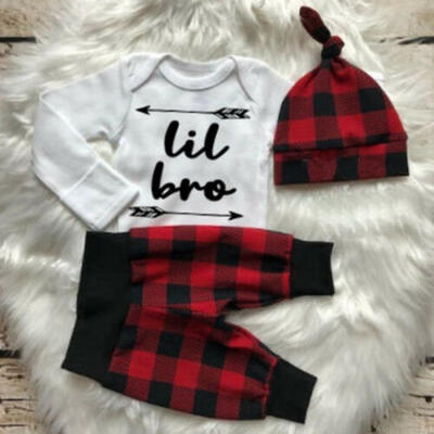 

Newborn Baby Boys Little Bother Romper Plaid Long Pants Trousers 3PCS Clothes