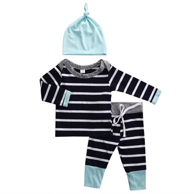 

3PCS Newborn Kid Baby Boy Girl Striped T-shirt Tops Pants Hat Clothes Outfit Set