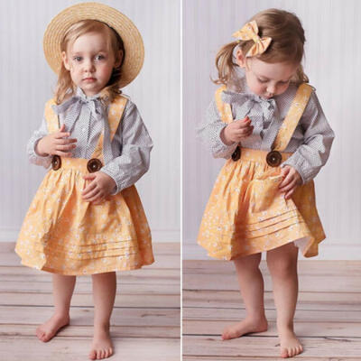

Sweet Autumn Kid Baby Girl Dots Long Sleeve TopsFlower Strap Skirt 3PCS Clothes