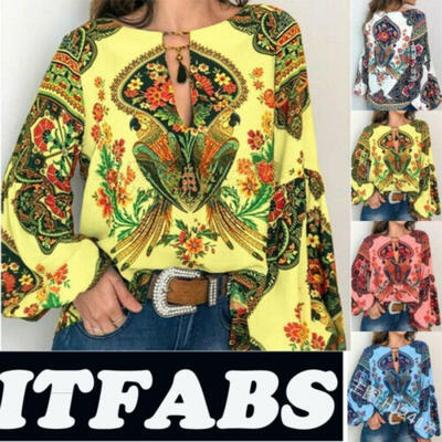 

Women Boho Floral V-Neck Long Lantern Sleeve Oversize Blouse T Shirt Tops 2019