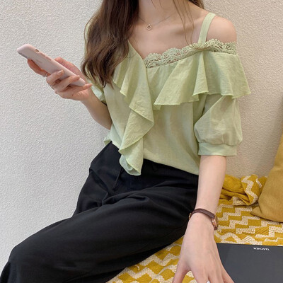 

Women Summer flounced chiffon Solid Color Off Shoulder Stitching Round Neck Short Sleeve Hollow Chiffon Casual Shirt