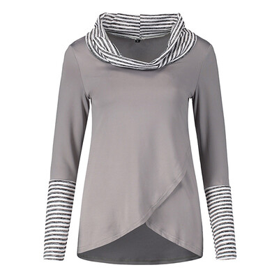 

Women T-shirt Striped Colorblock T-shirts Autumn High-neck Long Sleeves Silm Tops Fashion Casual All-match Tops Female shirts