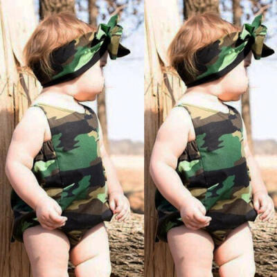 

For Infant Baby Girl Summer Camouflage Sling Romper Headband Outfit Bodysuit Set