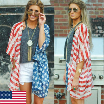 

Womens American Flag Kimono Cover up Beachwear Cardigan Loose Tops Shirt Blouse