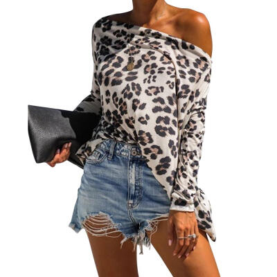 

Women Word Shoulder T-shirt Leopard Print Fashion Long Sleeve Tops