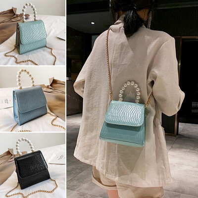 

NEW Fashion Pearl Handbag Mini Chain Shoulder Bag Handbag Crocodile Pattern Leather Pu Ladies Bag
