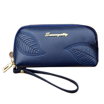 

Leaf Embroidery Women Long Purse Phone Cash Holder Faux Leather Clutch Wallet