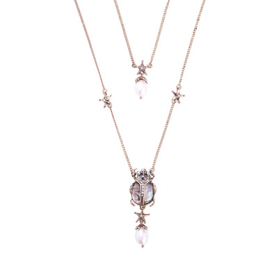 

Crystal Resin Cultured Pearl Beetle Insect Pendant Necklace Double Layers Necklaces for Women