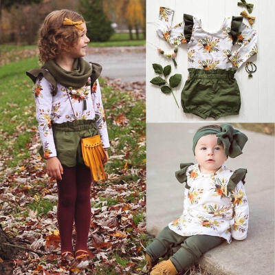 

Retro Floral Kids Baby Girls Outfits Clothes T shirt Tops Short Pants Set