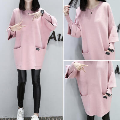 

Women O-Neck Loose Long Sweatshirt Autumn Casual Pullover Tops Korean Coat