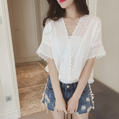 

Ladies Casual Half Sleeve Shirts V-neck Tops Loose Solid Blouse Hollowed T-shirt