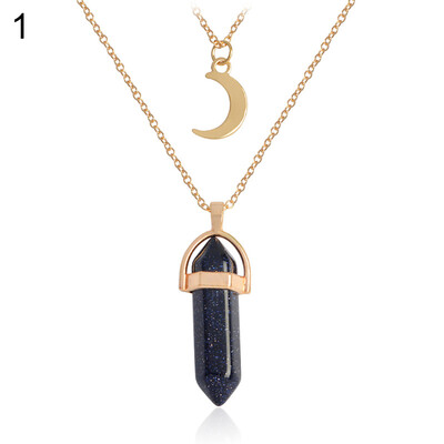 

Womens Stylish Moon Hexagon Prism Stone Pendant Double Layers Chain Necklace