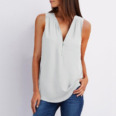 

New Women Loose Vest Tank Top V-Neck Sleeveless Zipper Casual Chiffon Shirt Top Pullover