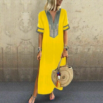 

New Womens Short Sleeve Boho Party Casual Kaftan Tunic Gypsy Ethnic Maxi Beach Dress Long Cotton Linen Dresses Plus Size