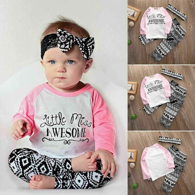 

Newborn Baby Toddler Girls 3PCS Cute Long Sleeve TopsPantsHeadband Outfits Set