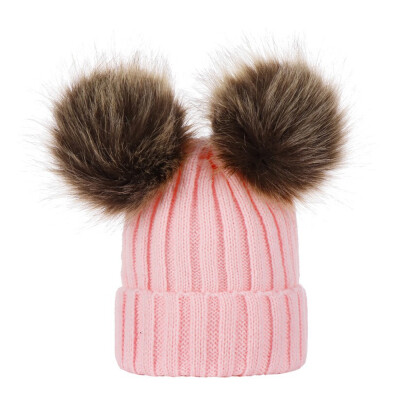 

Winter Warm Women Knitted Crochet Wool Hat Double Hair Ball Earmuffs Caps Infant Toddler Kid Cute Hairball Beanie Cap