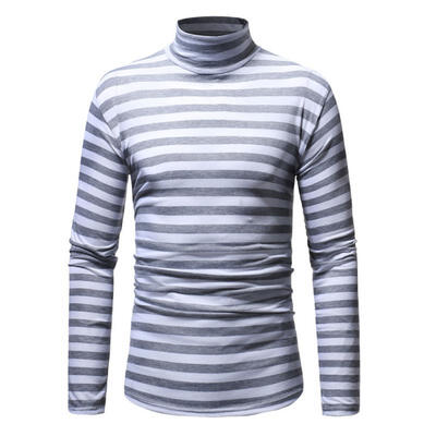 

Autumn Winter Stand Collar Striped Long-Sleeve Mens T-Shirt Casual Male Base Shirt Top Tee