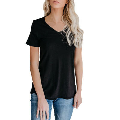 

XL Pocket Plain T Shirt Women Cotton Elastic Basic T-shirts Female Casual Tops Short Sleeve V Neck T-shirt Women