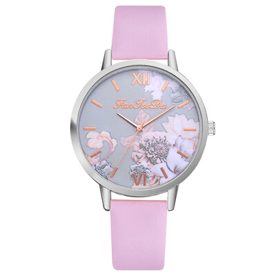 

Fashion Womens Watches Printed Flower Dial Ladies Simple Quartz Wristwatch Leather Strap Clock Casual Dress Reloj Mujer