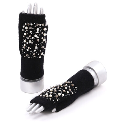 

Women Fashion Warm Winter Knit Pear Rhinestone Fingerless Gloves