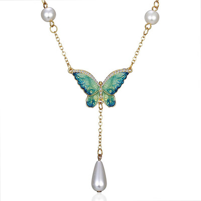 

Wholesale Antique Gold Pendant Necklace Crystal Butterfly Natural Stone Long Necklace Chain For Women Best Gift