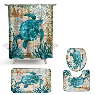 

4Pcs 3D Digital Printing Mats Bath Mat Shower Curtain Toilet Cover Pedestal Mat Summer Turtle Octopus Starfish Pattern Mats Kit
