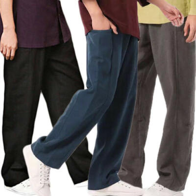 

Fashion Men Linen Cotton Pant Solid Summer Fitness Sweatpants Straight Trousers