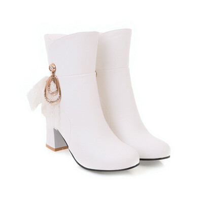 

IDIFU Womens Sweet Rhinestone Lace Block Medium Heel Ankle Booties Round Toe Side Zipper Short Boots