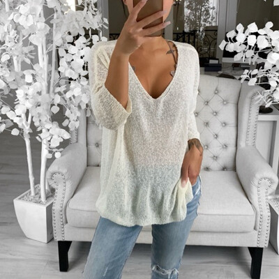 

Womens Tops Sexy Casual V-Neck Hollow Long Sleeve Knitting Pullover Sweater