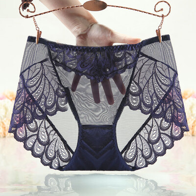 

Women Elastic Sexy Briefs See-through Lace Middle Waist Soft Breathable Knickers