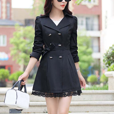 

Women Long Sleeve Double Breasted Jacket Belted Lapel Collar Solid Outwear Coat