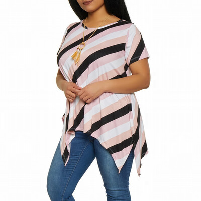 

Large size color striped round neck short-sleeved womens T-shirt covered belly slim shirt