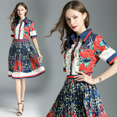 

DFYOP New Fashion Womens Show Positioning Showing Thin Temperament Retro Prints Pleated Cougar Dress