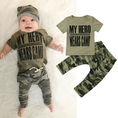 

USA Newborn Toddler Infant Baby Boy Girl Clothes T-shirt TopsCamo Pants Outfits