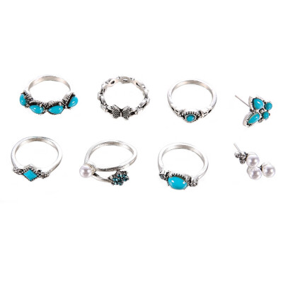 

Blue Turquoise Pearl Rings Stud Earrings 8-Piece Set Female Temperament Fashion Rings Stud Earrings Set Festival Gift