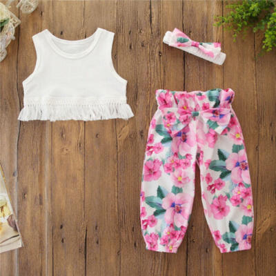 

3PCS Kids Baby Girls Summer Clothes Vest T-Shirt Floral Bowknot Pants Outfits
