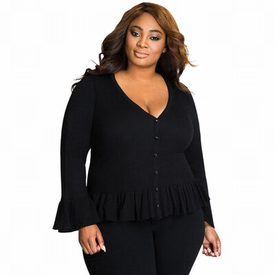 

V-neck long-sleeved plus size casual wool cardigan sweater womens